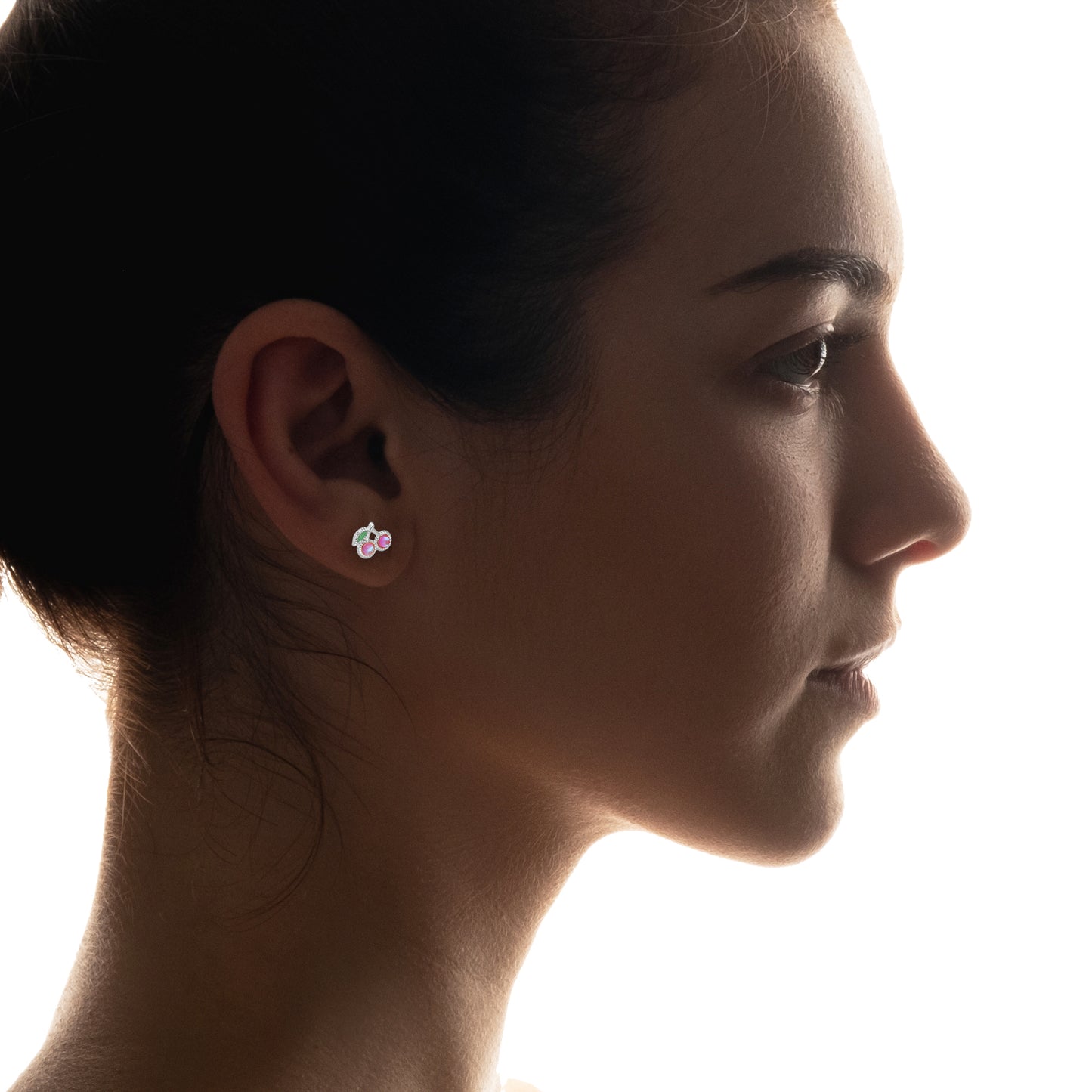 LPADJ066 Set de Aretes y Dije Cereza Rosa Iris Diámetro 1.6 cm en Plata Ley .925