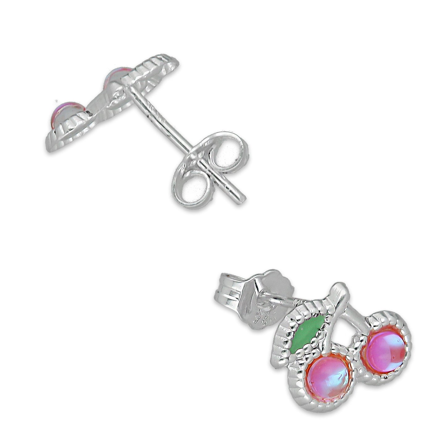 LPADJ066 Set de Aretes y Dije Cereza Rosa Iris Diámetro 1.6 cm en Plata Ley .925