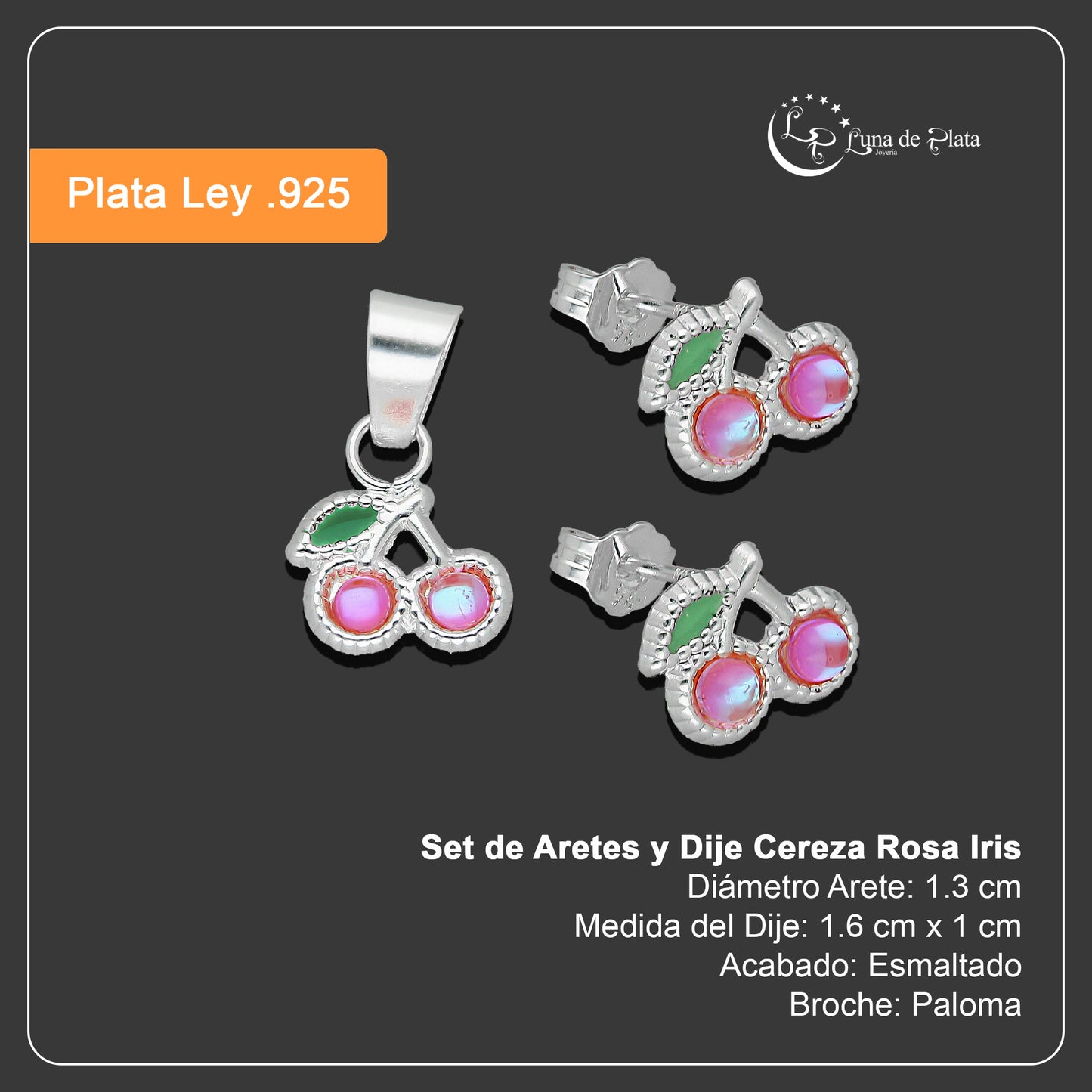 LPADJ066 Set de Aretes y Dije Cereza Rosa Iris Diámetro 1.6 cm en Plata Ley .925