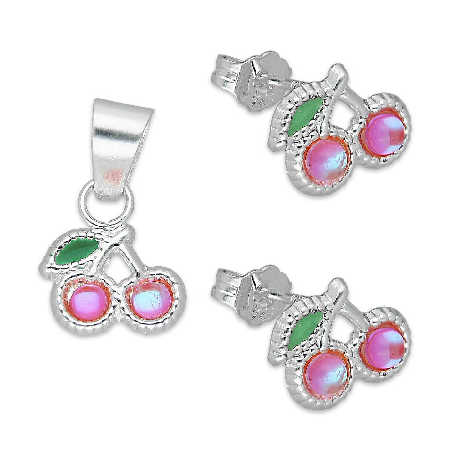 LPADJ066 Set de Aretes y Dije Cereza Rosa Iris Diámetro 1.6 cm en Plata Ley .925