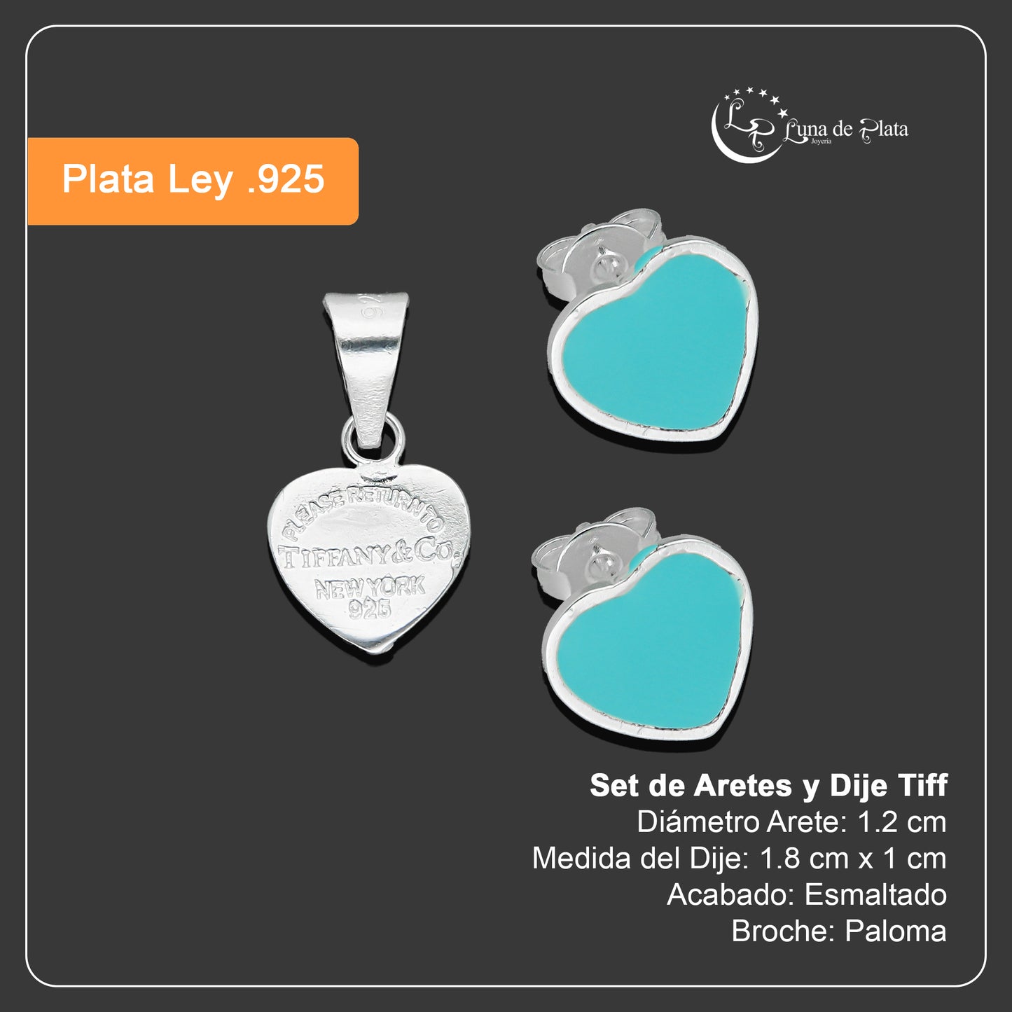 LPADJ070 Set de Aretes y Dije Tiff Diámetro 1.8 cm en Plata Ley .925