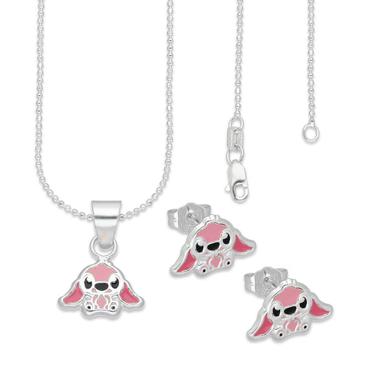 LPADJ071 Set Aretes + Dije + Cadena Stitch Rosa Diámetro 1.6 cm en Plata Ley .925