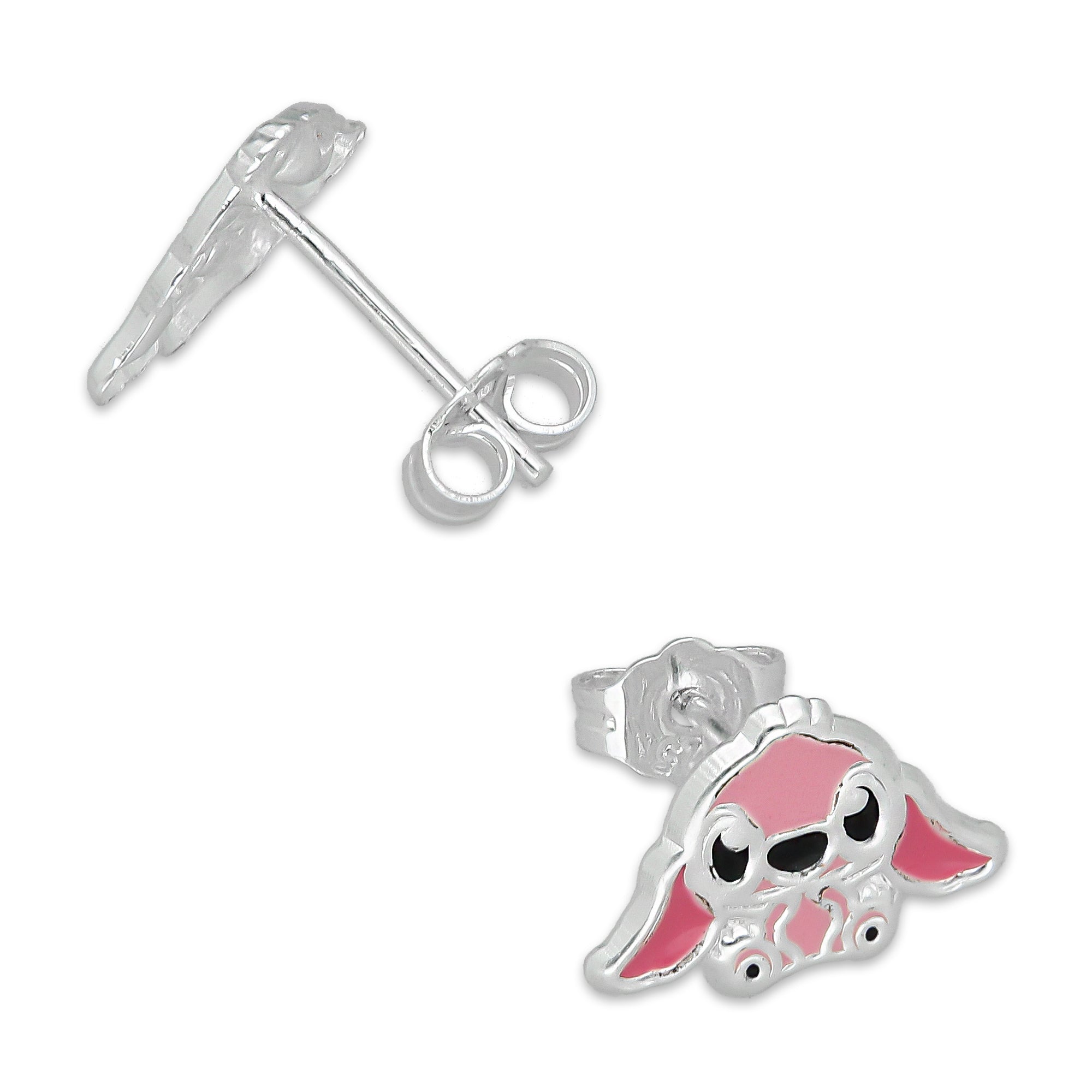 LPADJ072 Set de Aretes y Dije Stitch Rosa Diámetro 1.6 cm en Plata Ley .925
