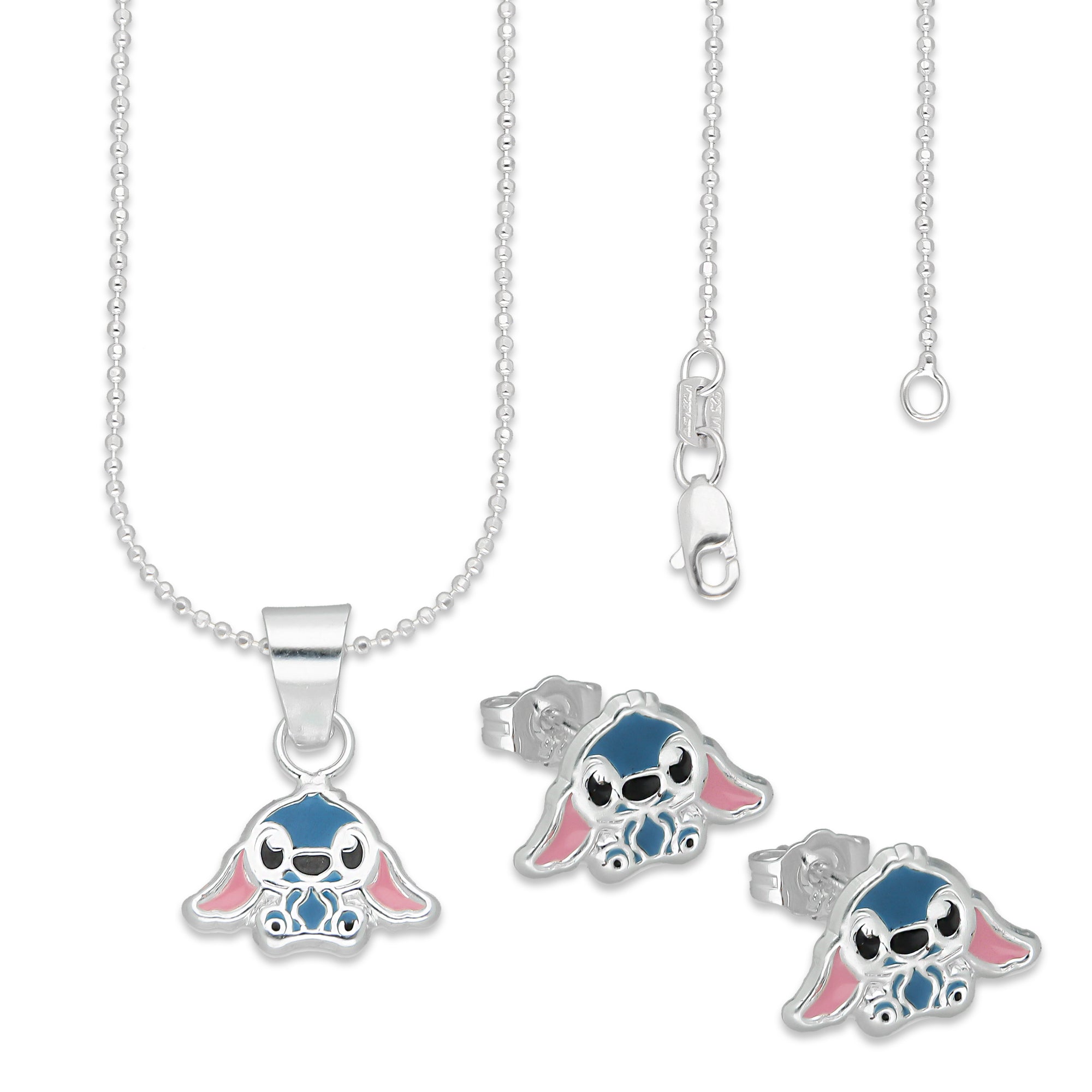 LPADJ073 Set Aretes + Dije + Cadena Stitch Azul Diámetro 1.6 cm en Plata Ley .925