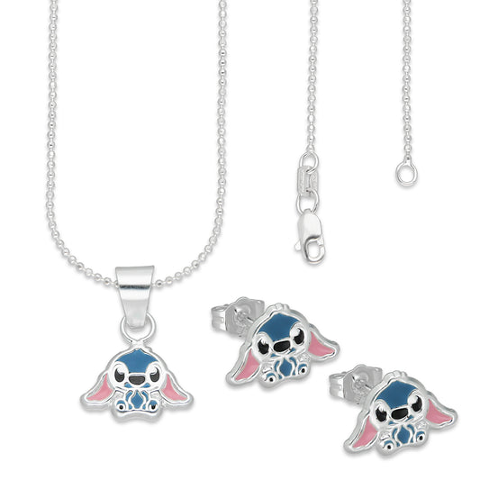 LPADJ073 Set Aretes + Dije + Cadena Stitch Azul Diámetro 1.6 cm en Plata Ley .925