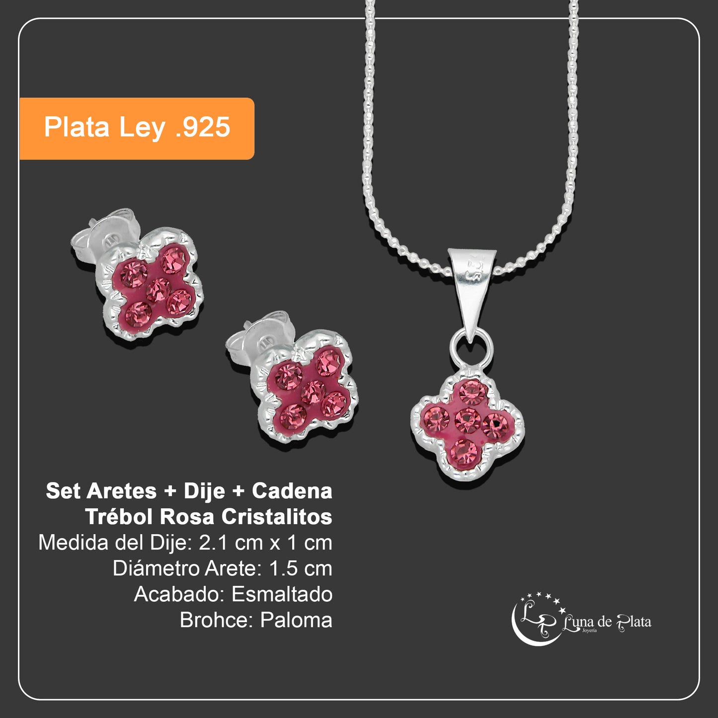 LPADJ075 Set Aretes + Dije + Cadena Trébol Rosa Cristalitos Diámetro 2.1 cm en Plata Ley .925