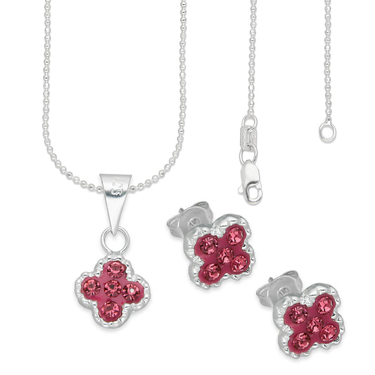 LPADJ075 Set Aretes + Dije + Cadena Trébol Rosa Cristalitos Diámetro 2.1 cm en Plata Ley .925