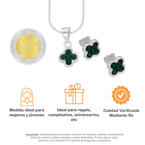 LPADJ077 Set Aretes + Dije + Cadena Trébol Verde Cristalitos Diámetro 2.1 cm en Plata Ley .925