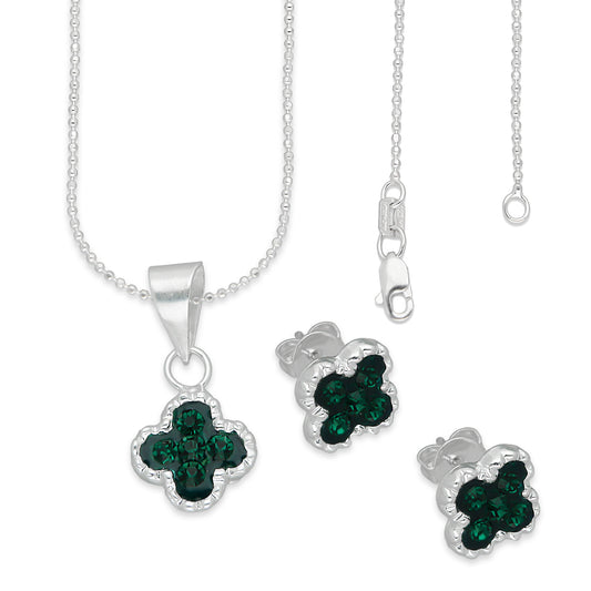 LPADJ077 Set Aretes + Dije + Cadena Trébol Verde Cristalitos Diámetro 2.1 cm en Plata Ley .925