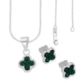 LPADJ077 Set Aretes + Dije + Cadena Trébol Verde Cristalitos Diámetro 2.1 cm en Plata Ley .925