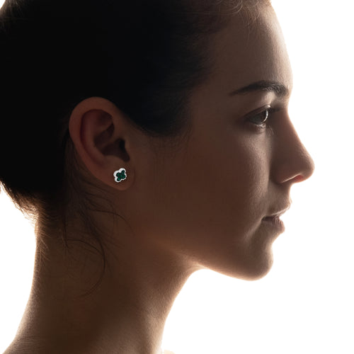 LPADJ078 Set de Aretes y Dije Trébol Verde Cristalitos Diámetro 2.1 cm en Plata Ley .925