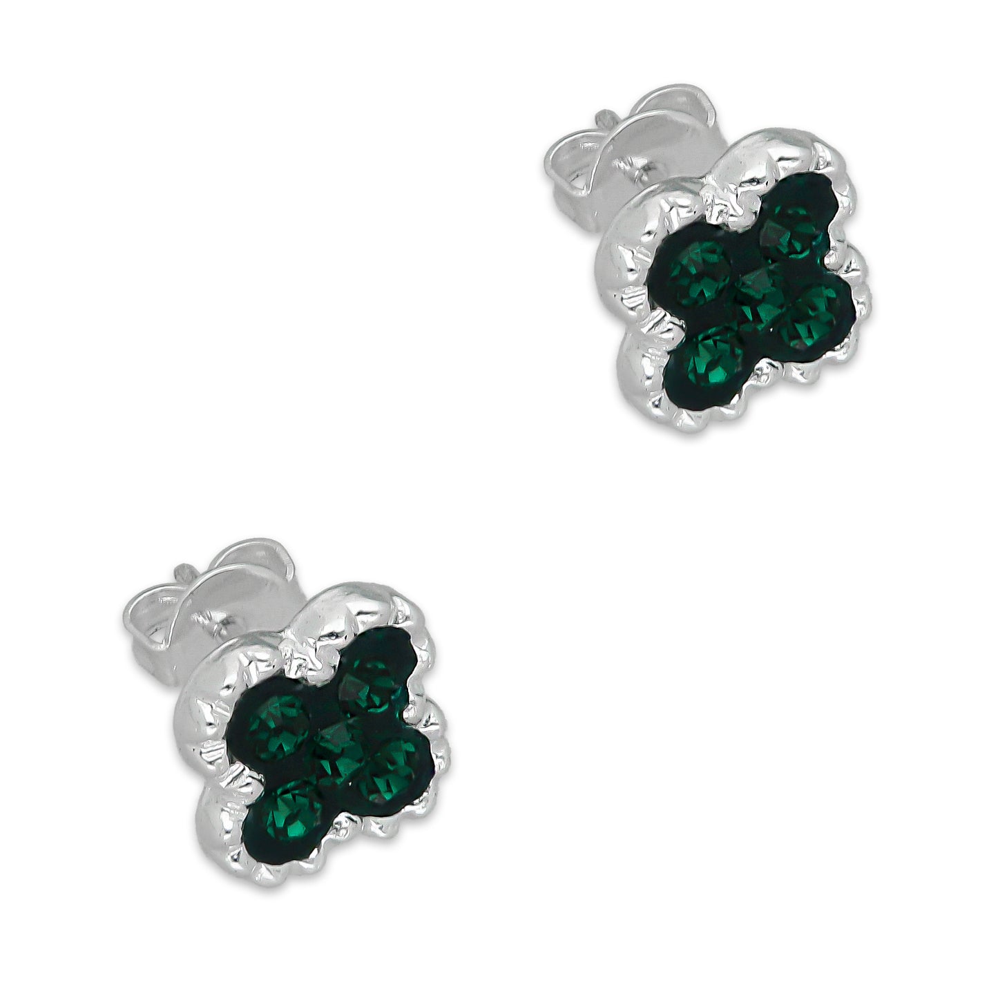 LPADJ078 Set de Aretes y Dije Trébol Verde Cristalitos Diámetro 2.1 cm en Plata Ley .925
