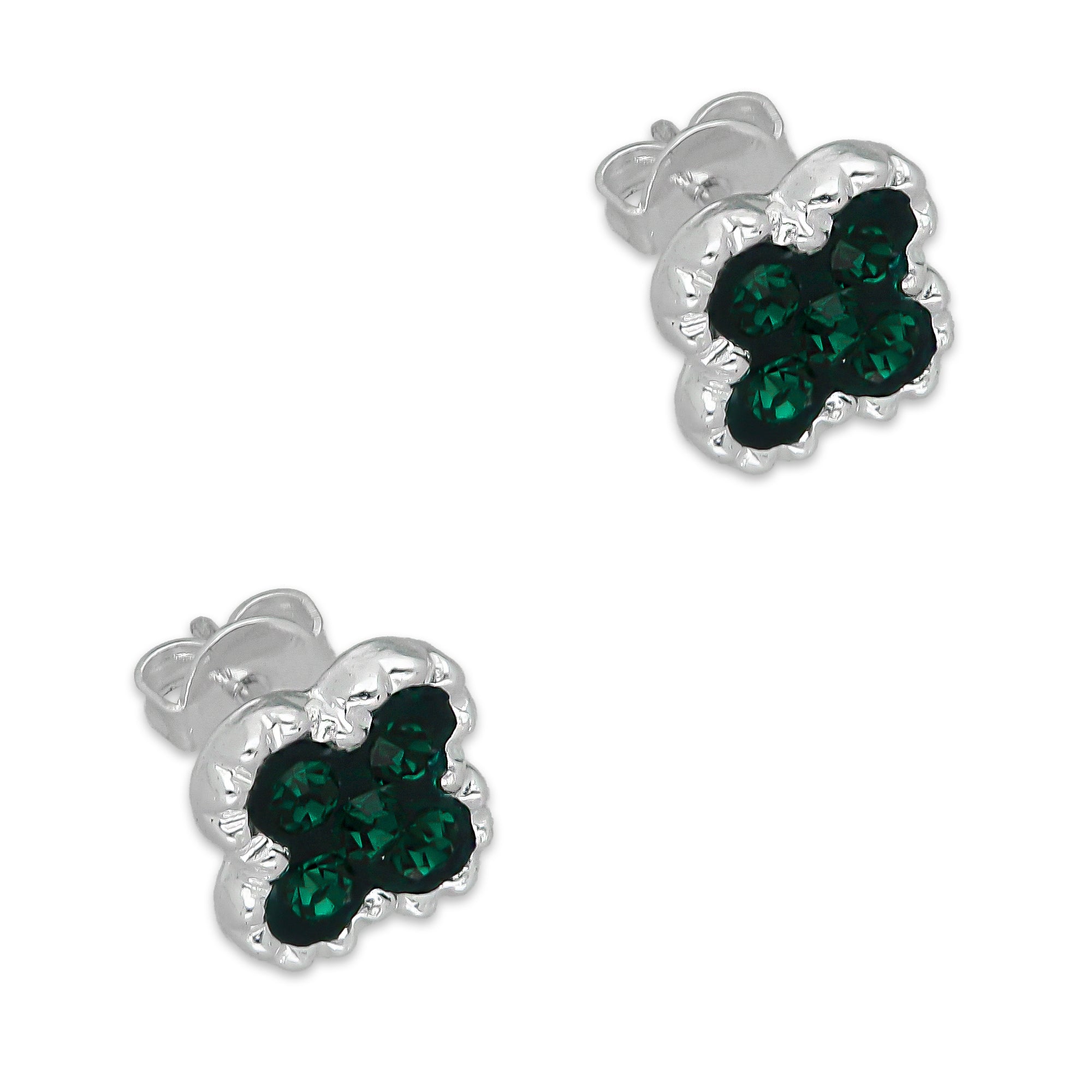 LPADJ078 Set de Aretes y Dije Trébol Verde Cristalitos Diámetro 2.1 cm en Plata Ley .925