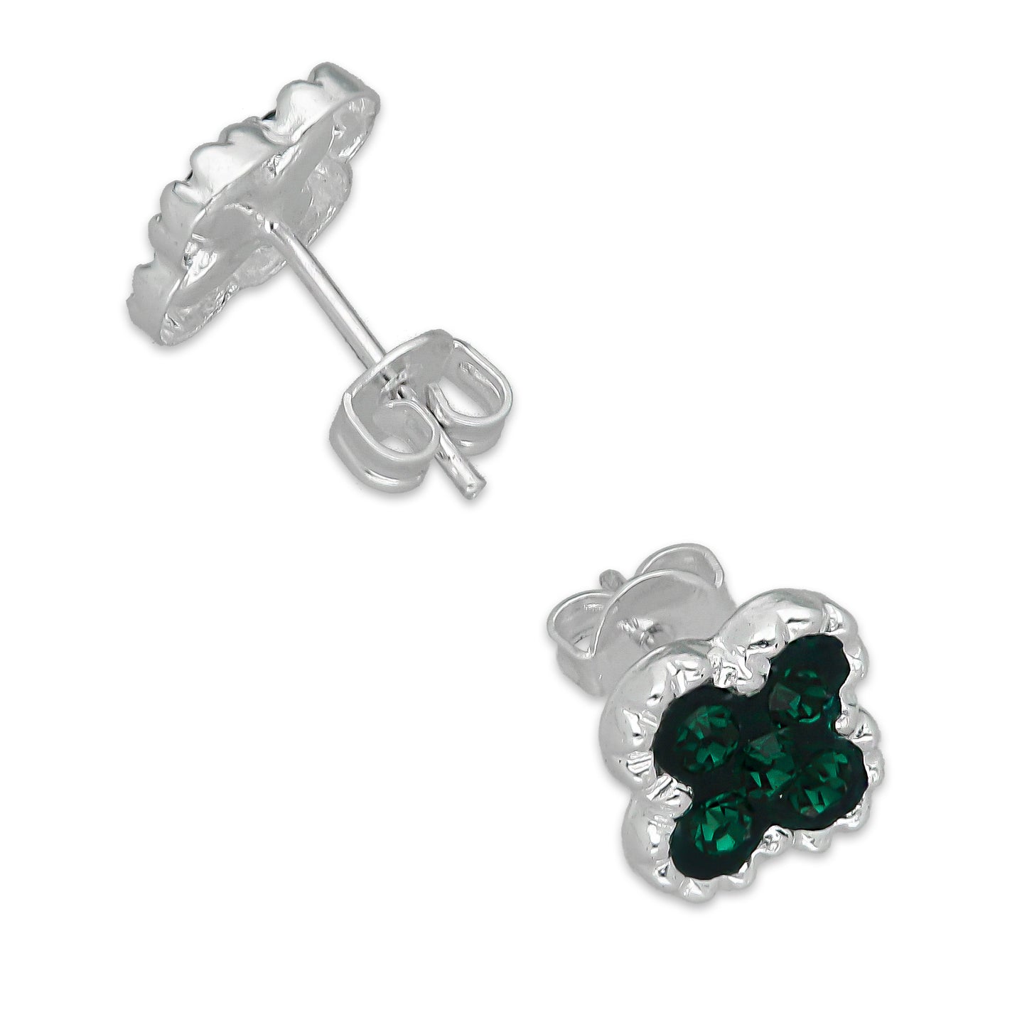 LPADJ078 Set de Aretes y Dije Trébol Verde Cristalitos Diámetro 2.1 cm en Plata Ley .925