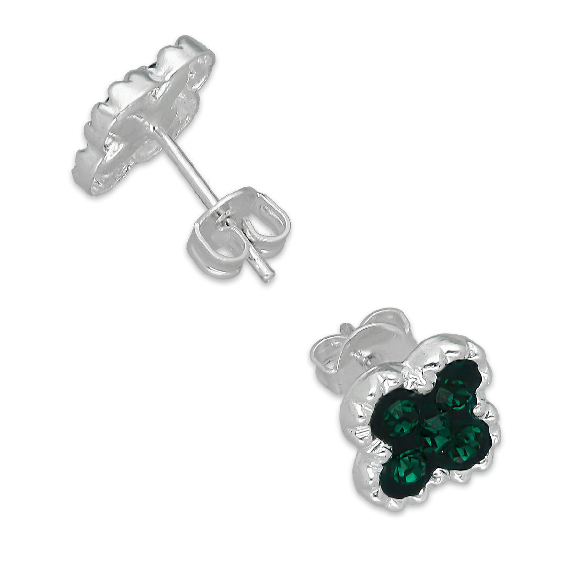 LPADJ078 Set de Aretes y Dije Trébol Verde Cristalitos Diámetro 2.1 cm en Plata Ley .925