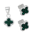 LPADJ078 Set de Aretes y Dije Trébol Verde Cristalitos Diámetro 2.1 cm en Plata Ley .925