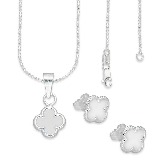 LPADJ079 Set Aretes + Dije + Cadena Trébol Blanco Nal Diámetro 1.9 cm en Plata Ley .925