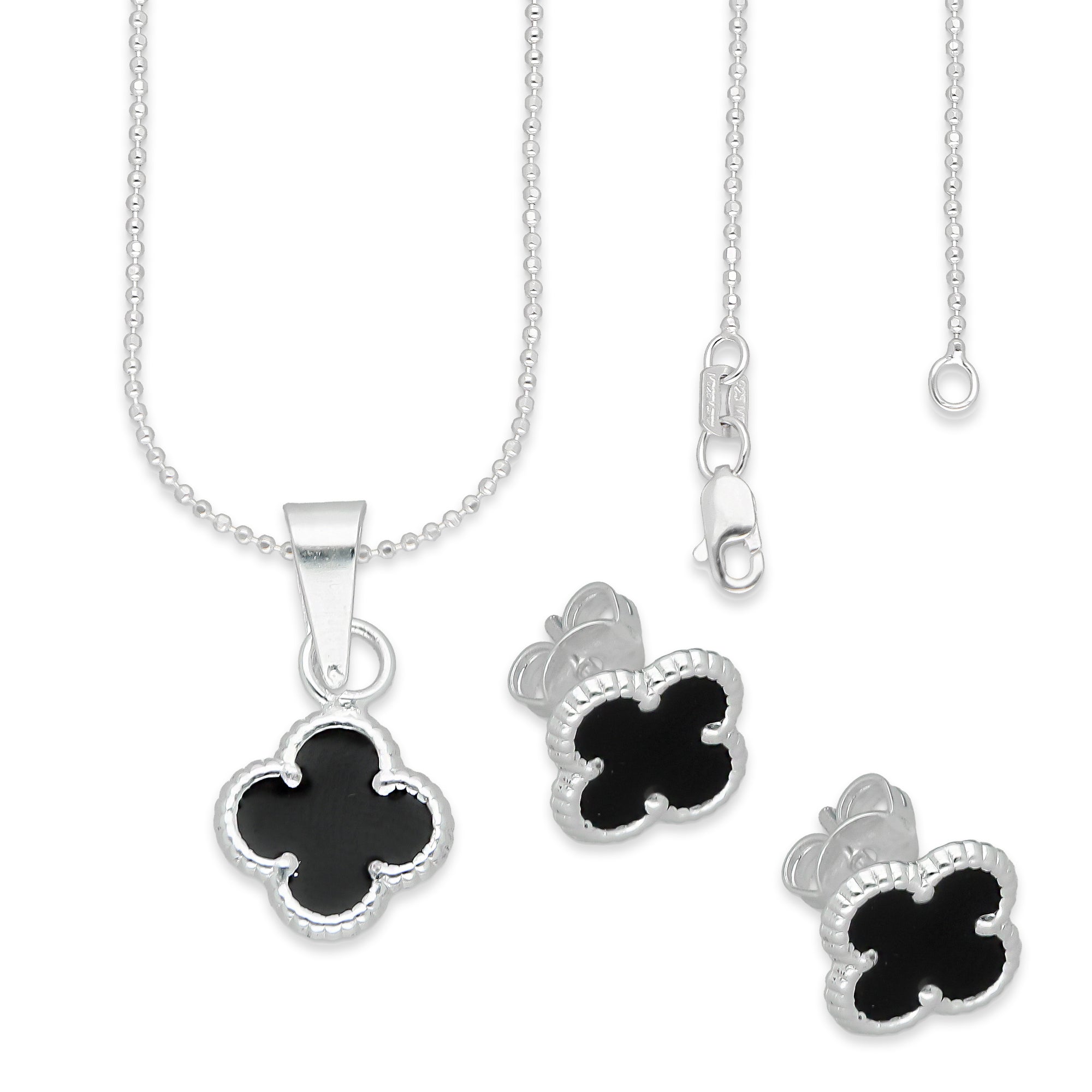 LPADJ081 Set Aretes + Dije + Cadena Trébol Negro Nal Diámetro 1.9 cm en Plata Ley .925