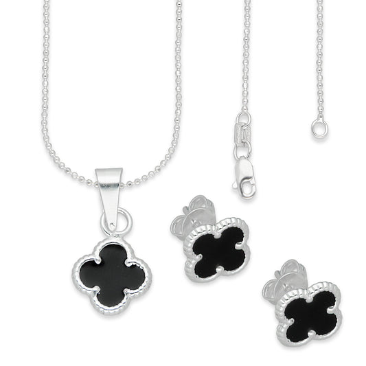 LPADJ081 Set Aretes + Dije + Cadena Trébol Negro Nal Diámetro 1.9 cm en Plata Ley .925