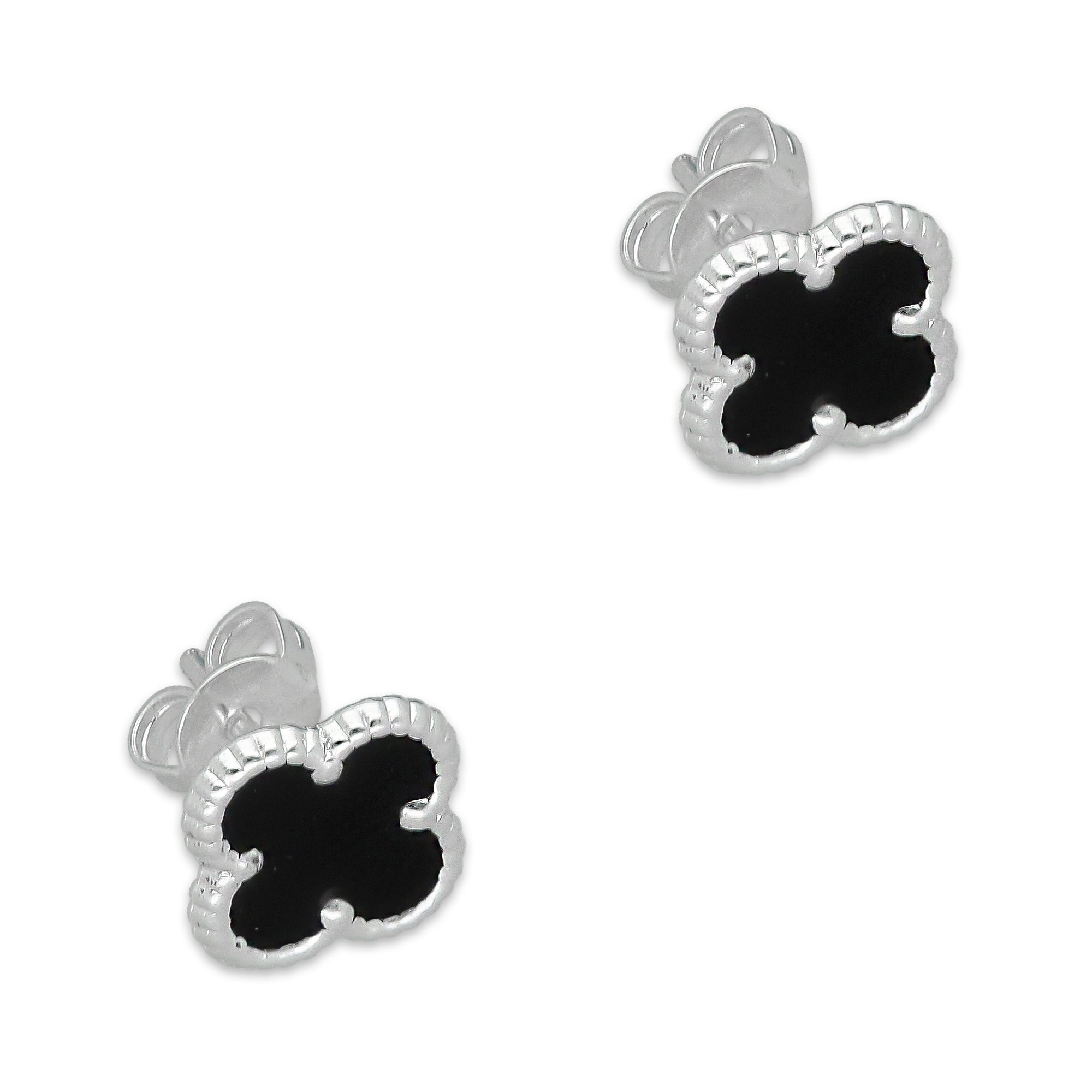 LPADJ082 Set de Aretes y Dije Trébol Negro Nal Diámetro 1.9 cm en Plata Ley .925