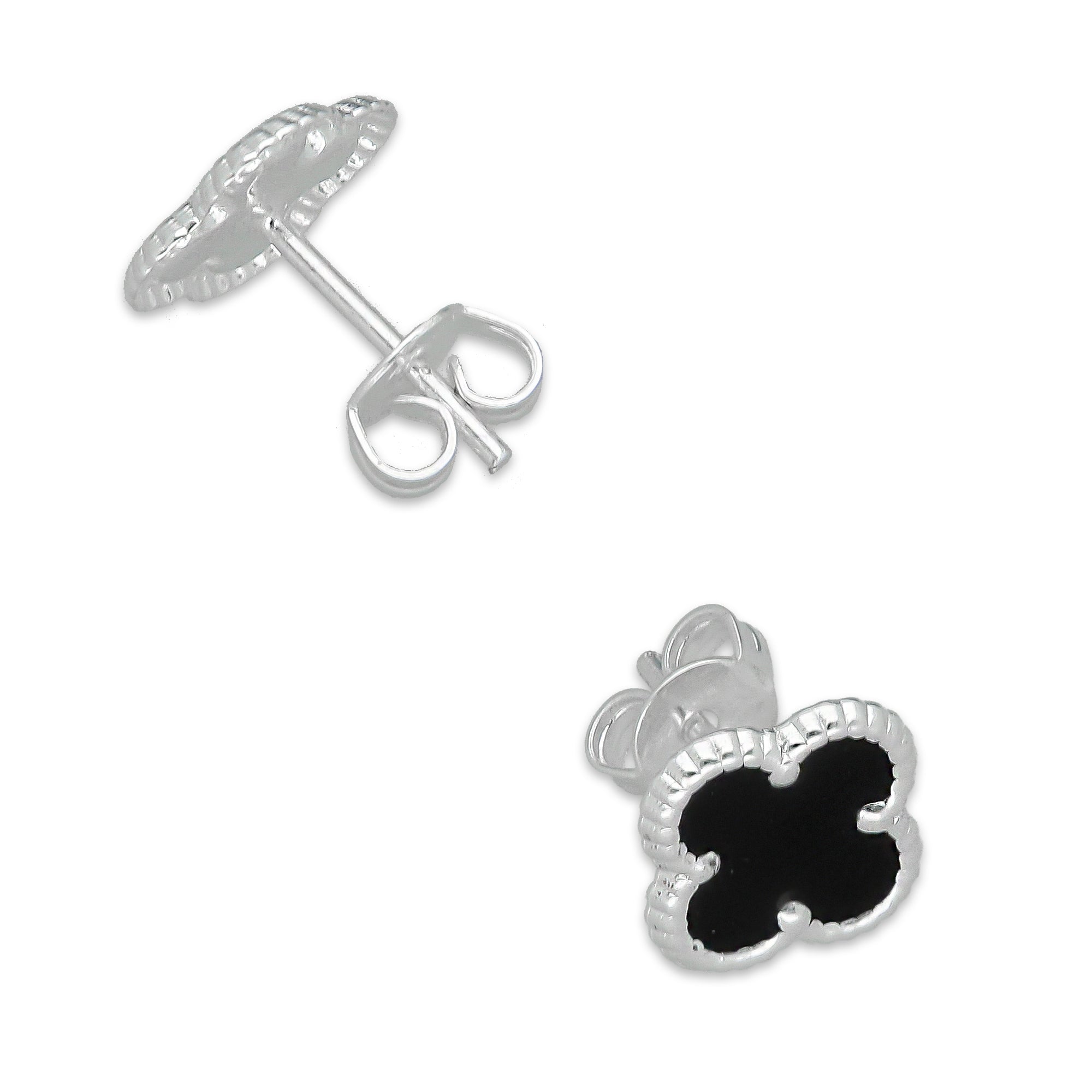 LPADJ082 Set de Aretes y Dije Trébol Negro Nal Diámetro 1.9 cm en Plata Ley .925