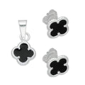 LPADJ082 Set de Aretes y Dije Trébol Negro Nal Diámetro 1.9 cm en Plata Ley .925