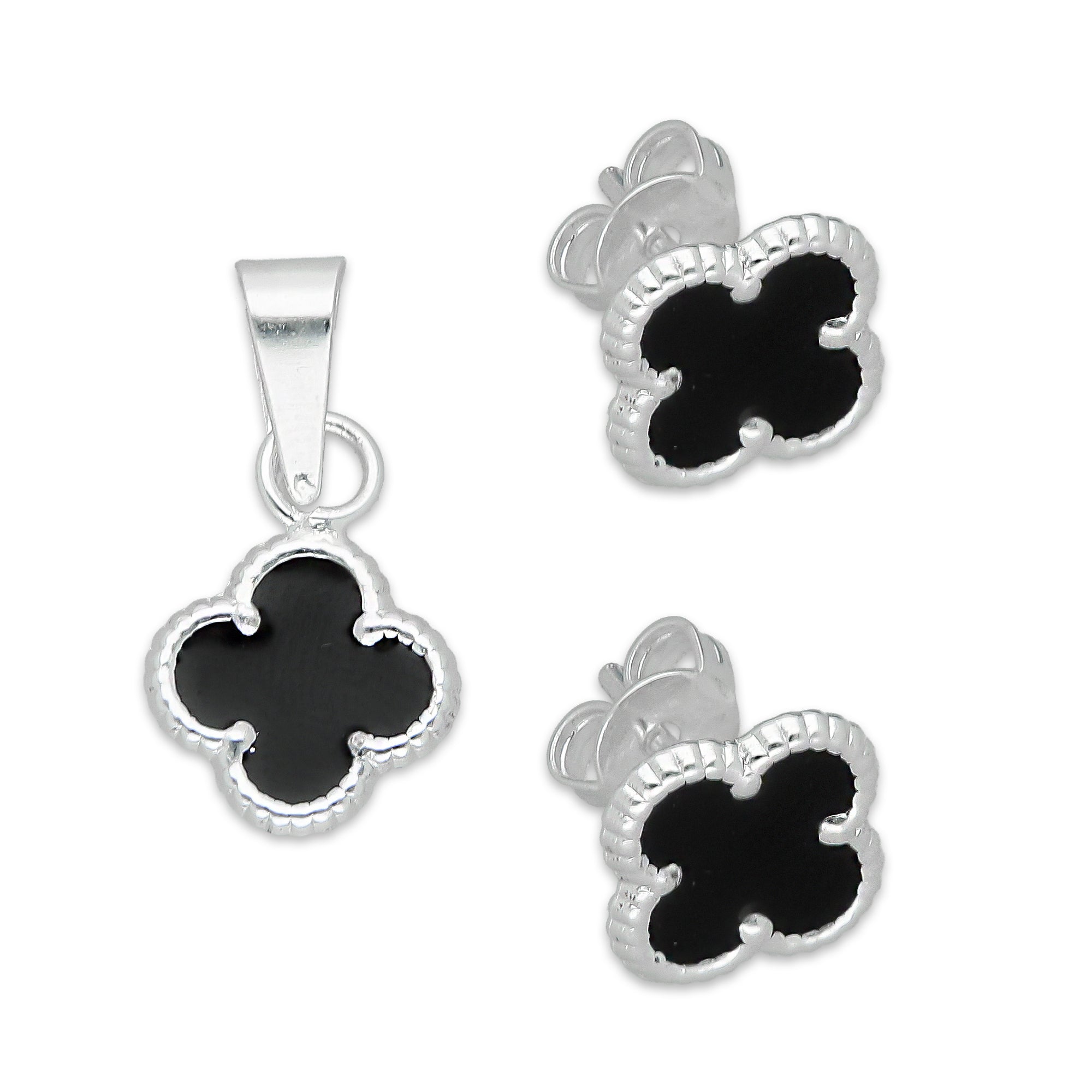LPADJ082 Set de Aretes y Dije Trébol Negro Nal Diámetro 1.9 cm en Plata Ley .925