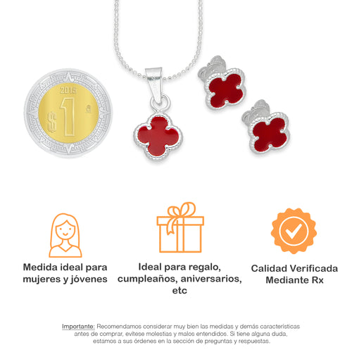 LPADJ083 Set Aretes + Dije + Cadena Trébol Rojo Nal Diámetro 1.9 cm en Plata Ley .925