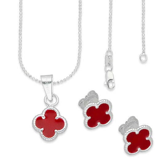 LPADJ083 Set Aretes + Dije + Cadena Trébol Rojo Nal Diámetro 1.9 cm en Plata Ley .925