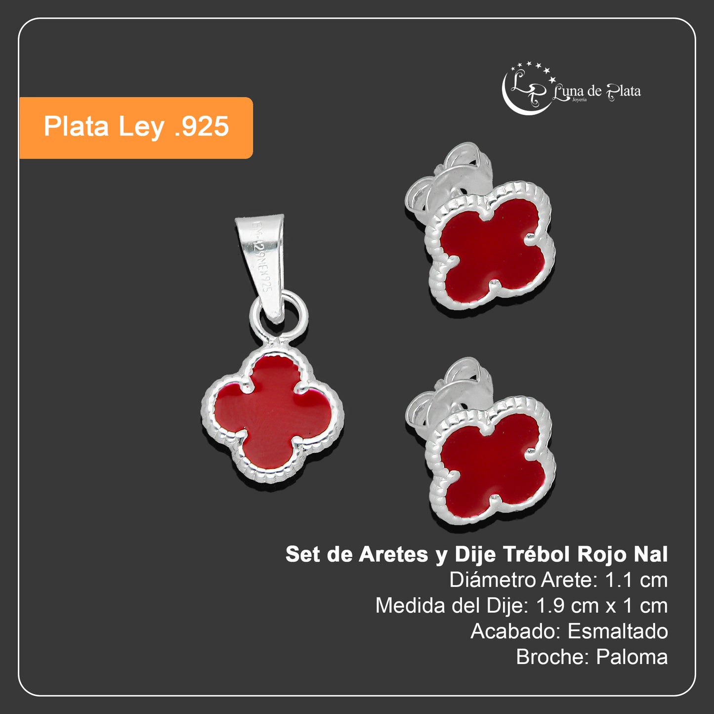 LPADJ084 Set de Aretes y Dije Trébol Rojo Nal Diámetro 1.9 cm en Plata Ley .925
