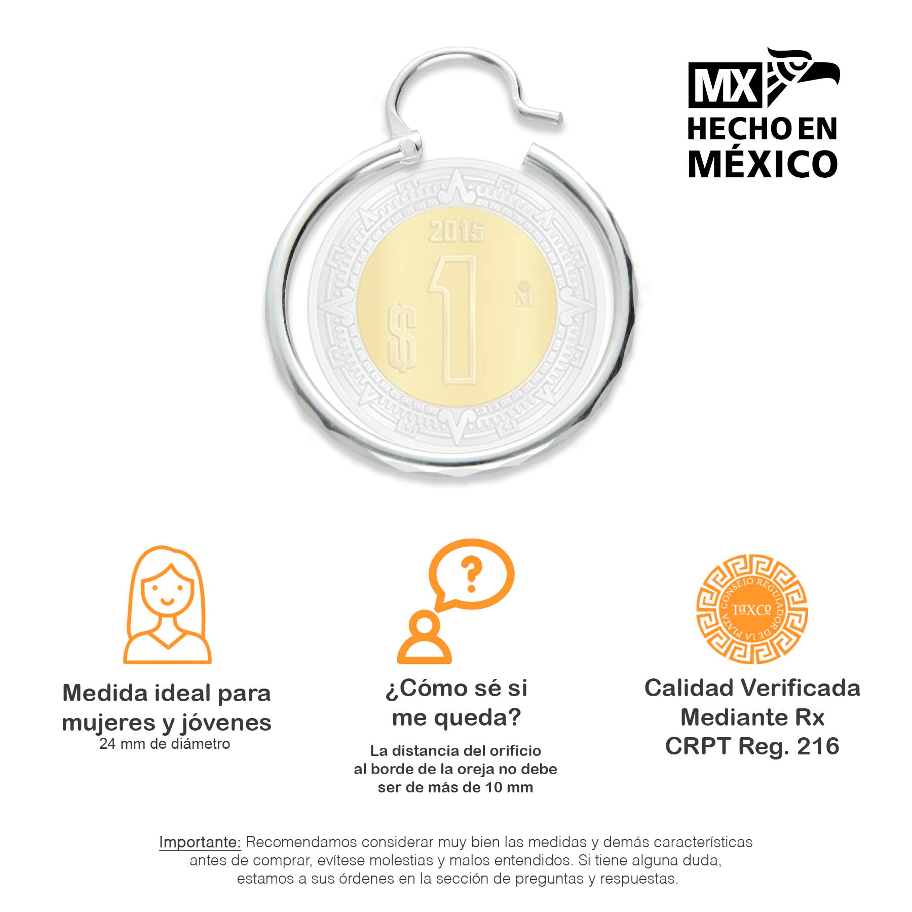 LPAF019 Arracada Facetada Plata .925 Tam 5 - 24 Mm Diámetro Taxco MLM918615309