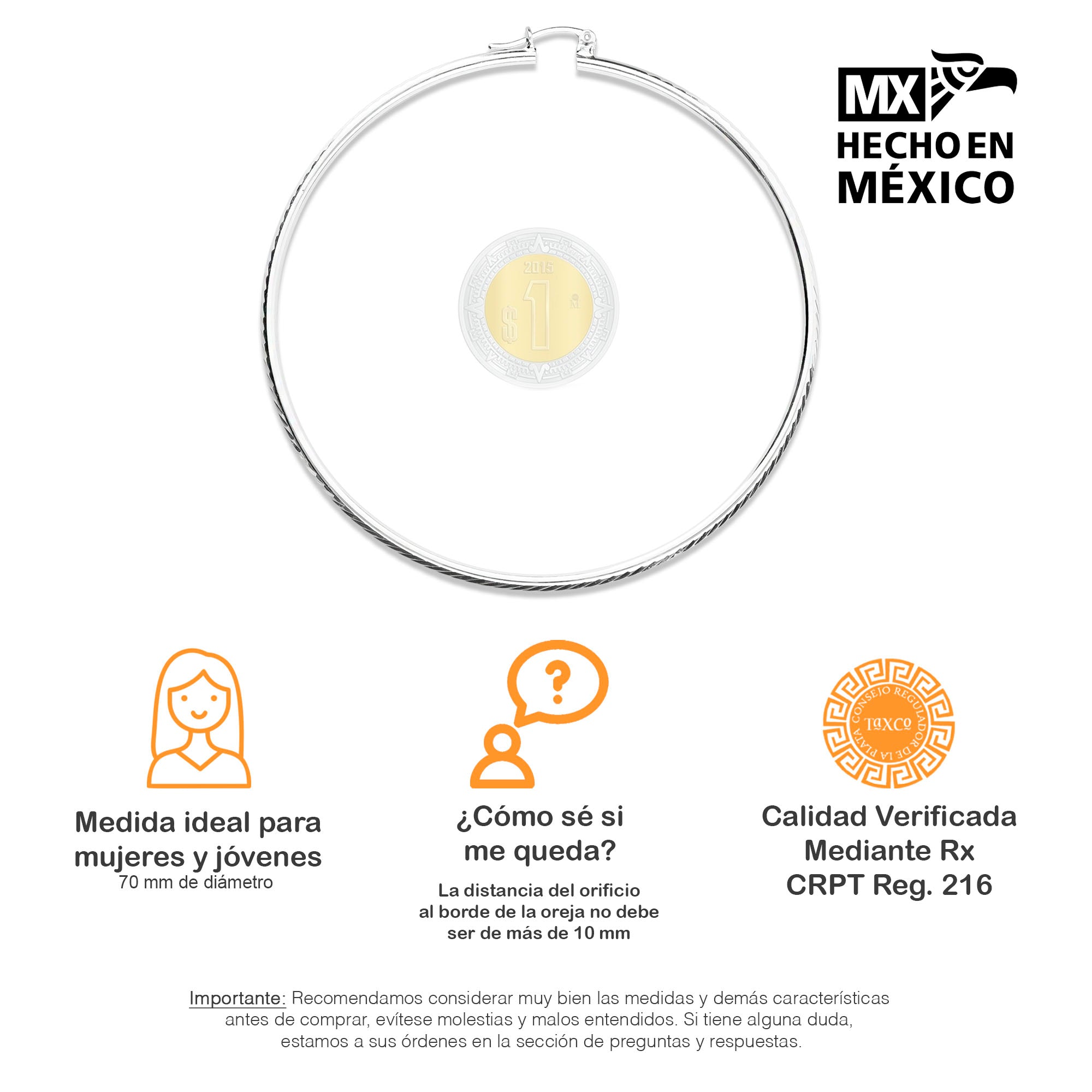 LPAF033 Arracada Facetada Mod. Radial T9 70 Mm Plata .925 Taxco MLM946345480