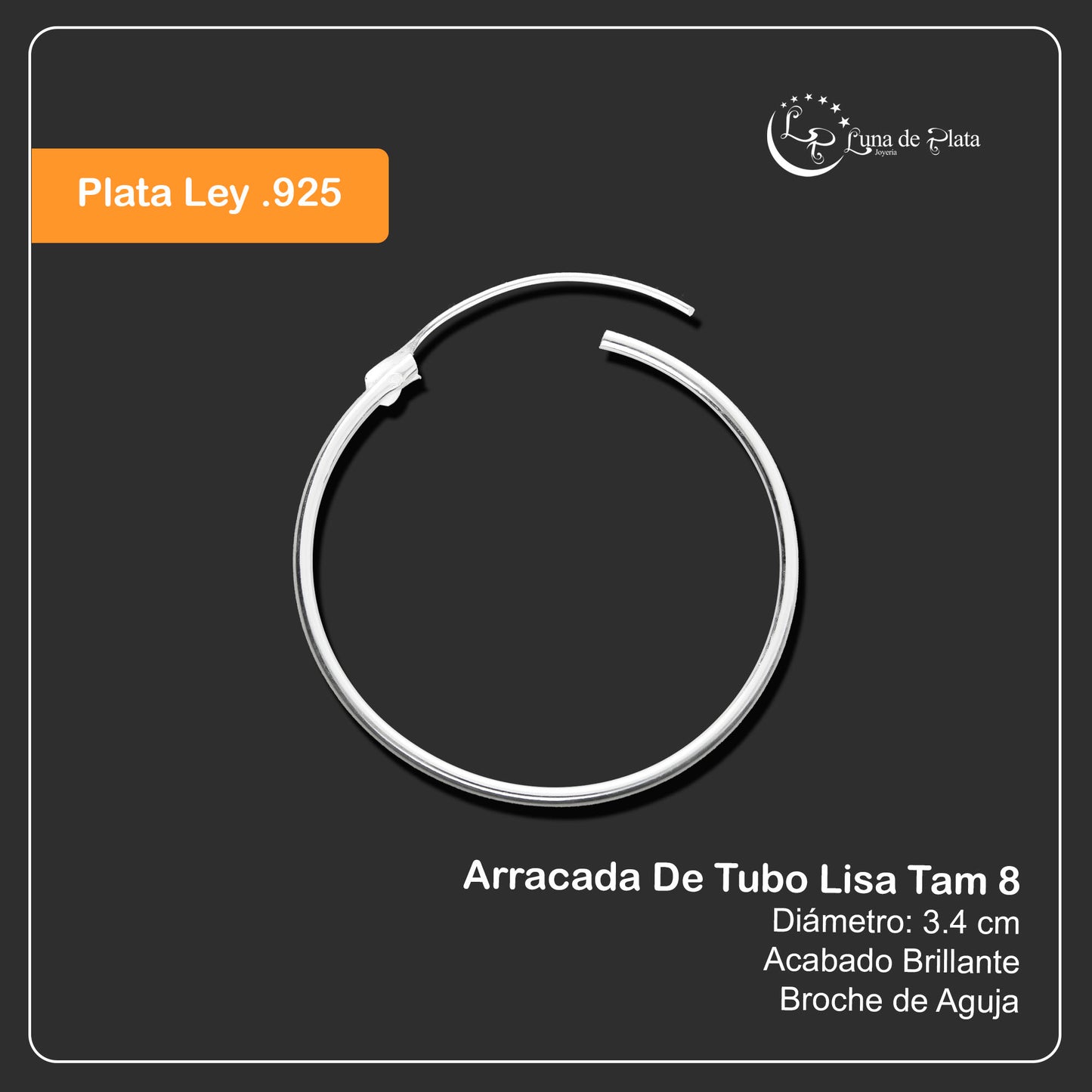 LPAL020 Arracada De Tubo Lisa 34 Mm Diametro En Plata .925 Tam 8 MLM809043352