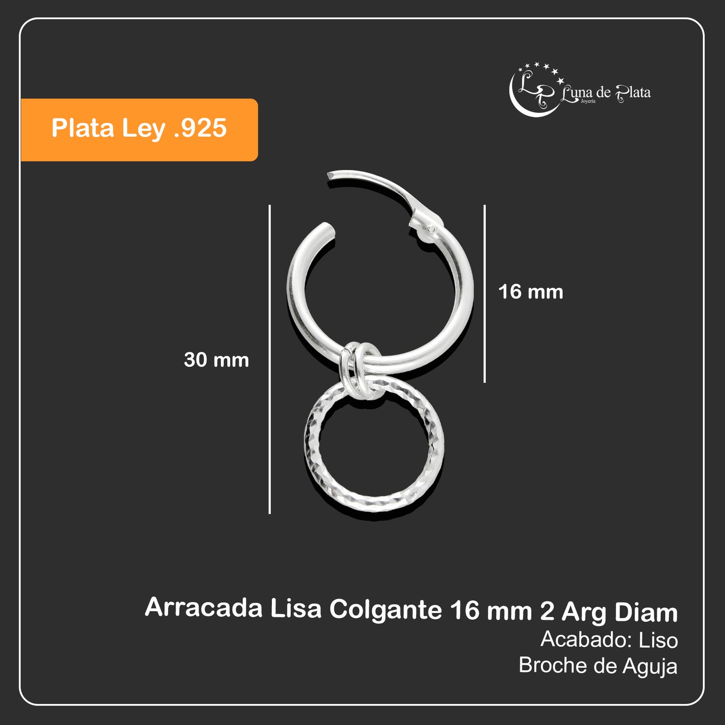 LPAL031 Arracada Lisa Colgante 16 mm 2 Arg Diam Plata Fina .925 2771194204