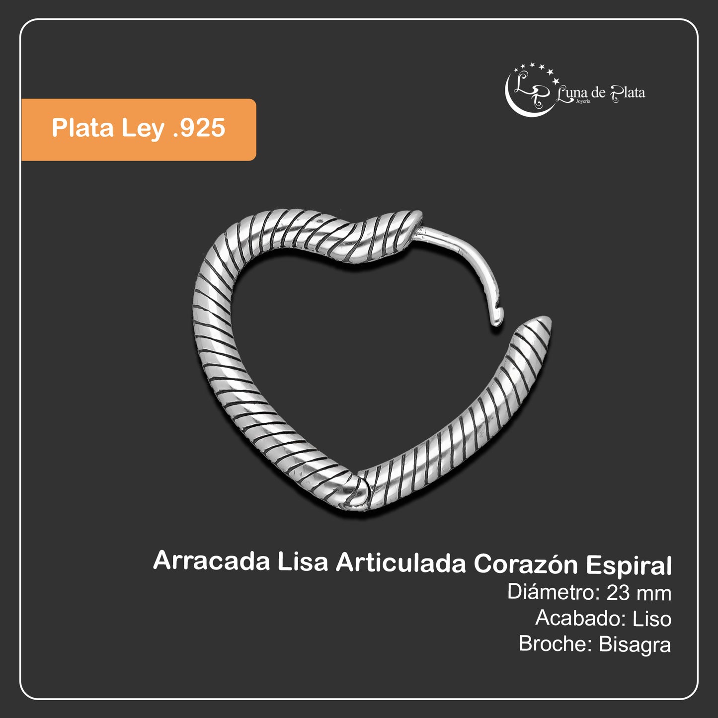 LPAL045 Arracada Lisa Articulada Corazón Espiral 2.3 cm x 2.3 cm Plata .925 3582079496