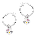 LPYAL001 Arracada Lisa con Colgante 19 mm Kitty Esmalte Florecita Zirconias en Plata .925