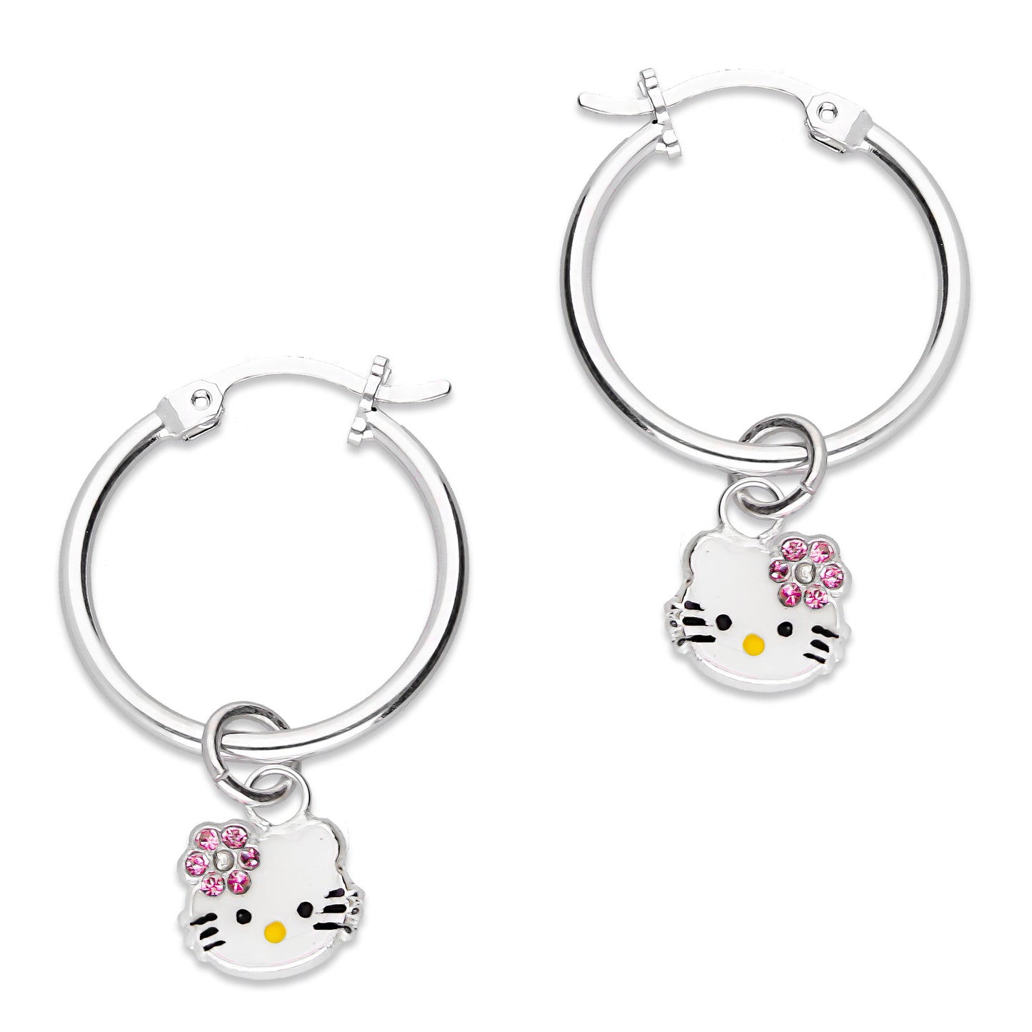 LPYAL001 Arracada Lisa con Colgante 19 mm Kitty Esmalte Florecita Zirconias en Plata .925