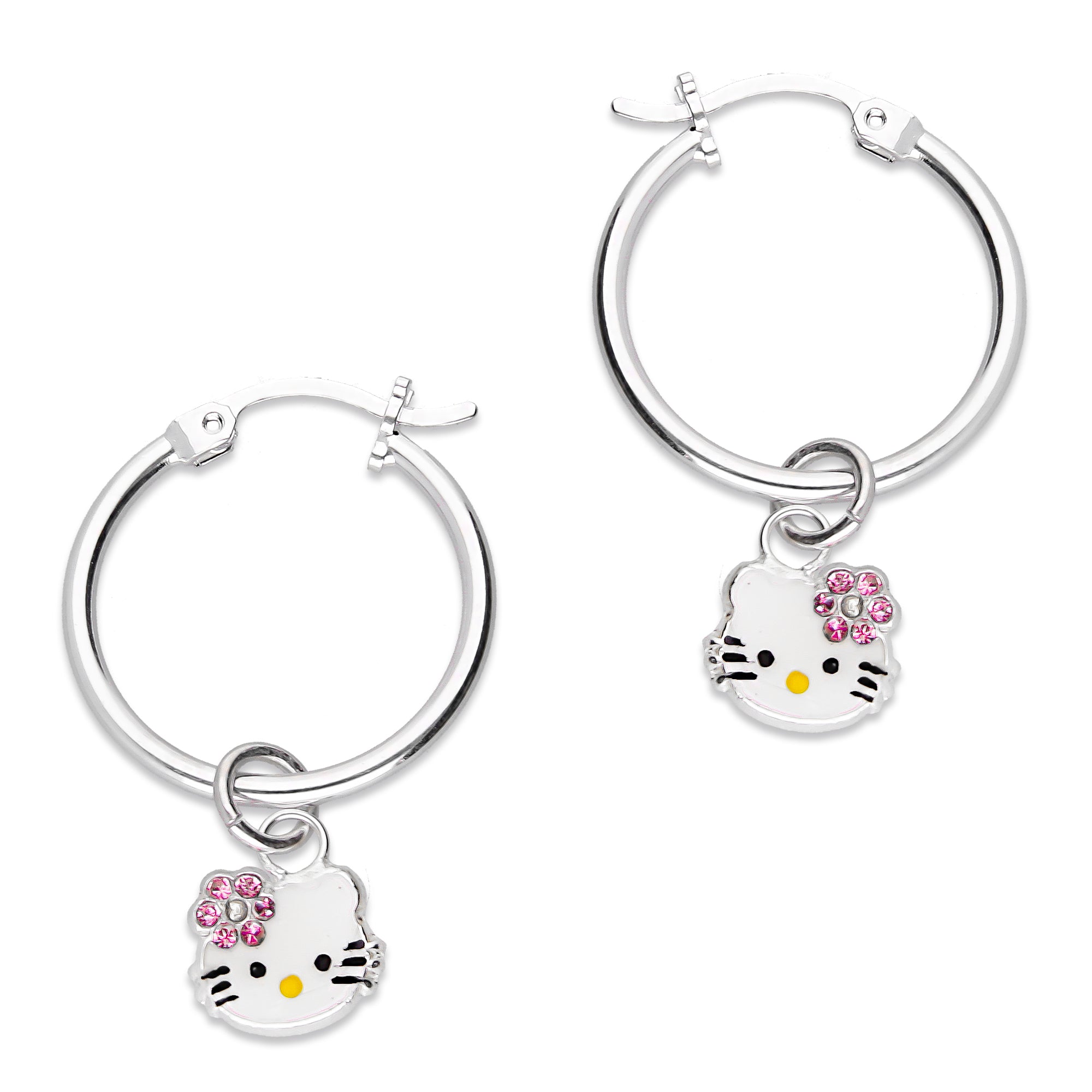 LPYAL001 Arracada Lisa con Colgante 19 mm Kitty Esmalte Florecita Zirconias en Plata .925
