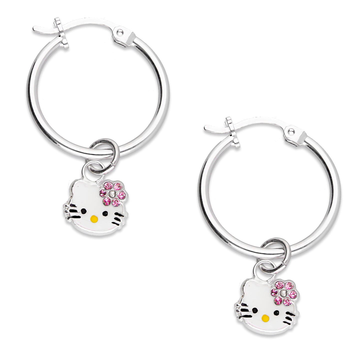 LPYAL001 Arracada Lisa con Colgante 19 mm Kitty Esmalte Florecita Zirconias en Plata .925