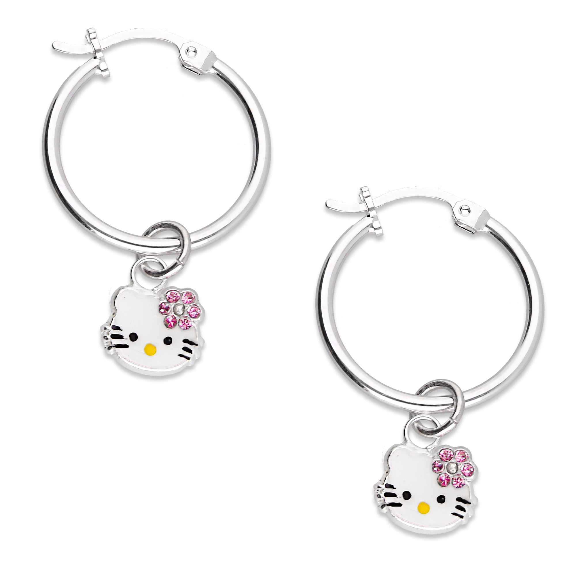 LPYAL001 Arracada Lisa con Colgante 19 mm Kitty Esmalte Florecita Zirconias en Plata .925