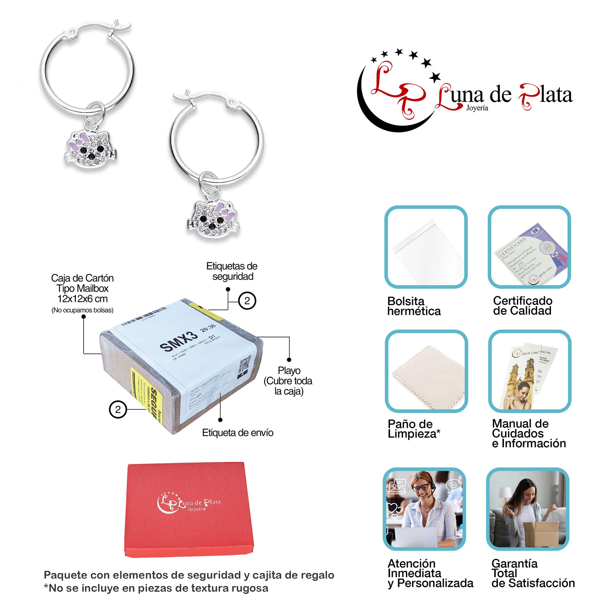 LPYAL002 Arracada Lisa con Colgante 19 mm Kitty Cubierta de Zirconias en Plata .925