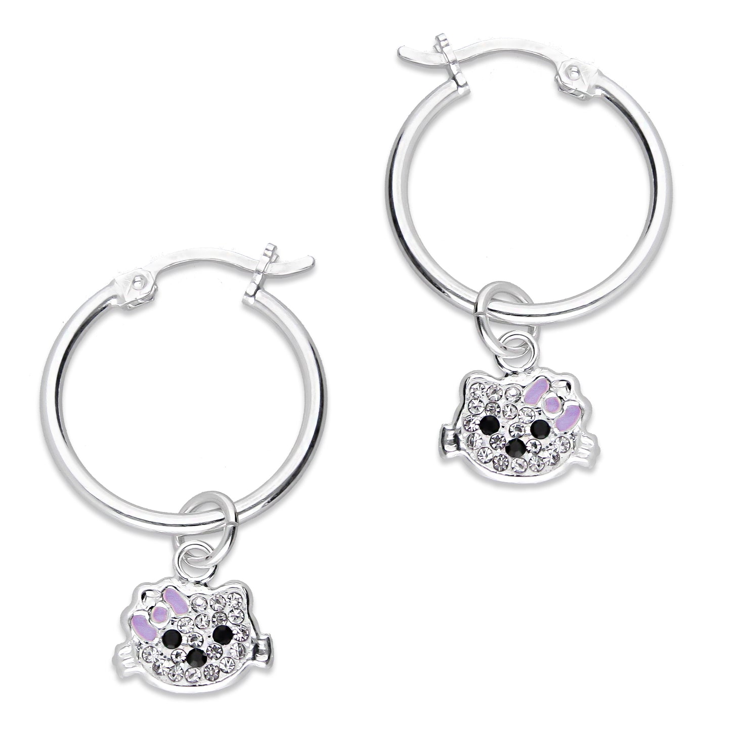 LPYAL002 Arracada Lisa con Colgante 19 mm Kitty Cubierta de Zirconias en Plata .925