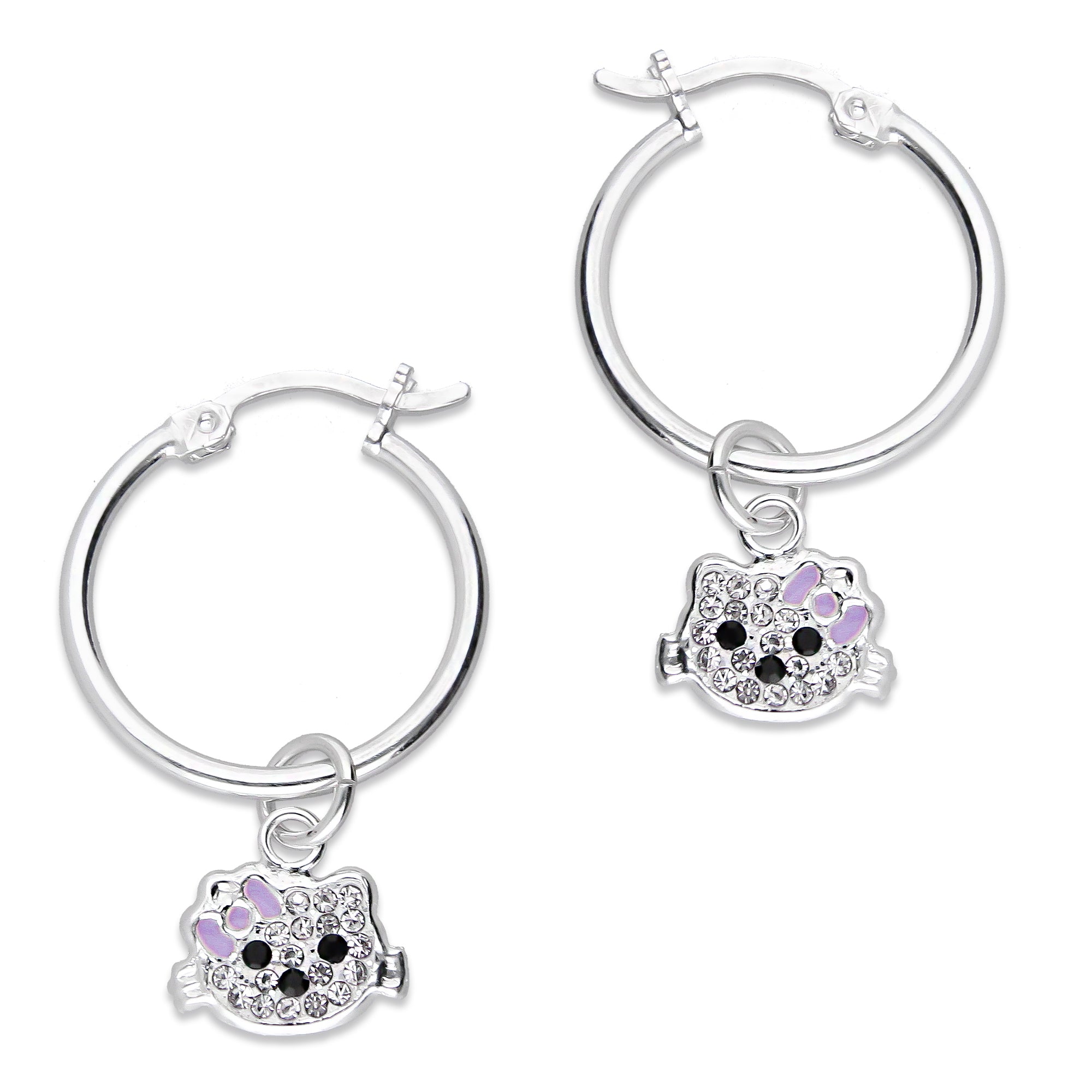 LPYAL002 Arracada Lisa con Colgante 19 mm Kitty Cubierta de Zirconias en Plata .925