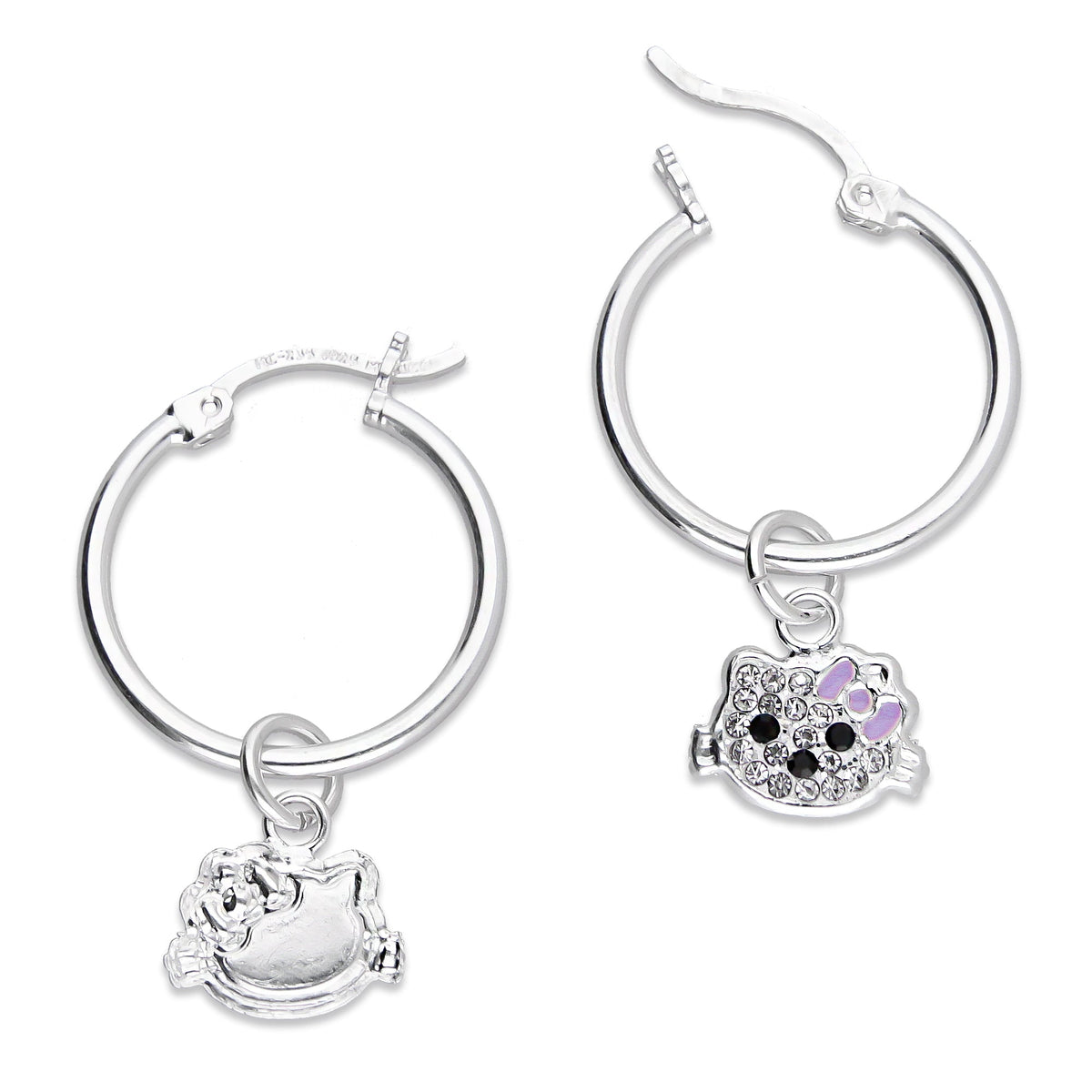 LPYAL002 Arracada Lisa con Colgante 19 mm Kitty Cubierta de Zirconias en Plata .925