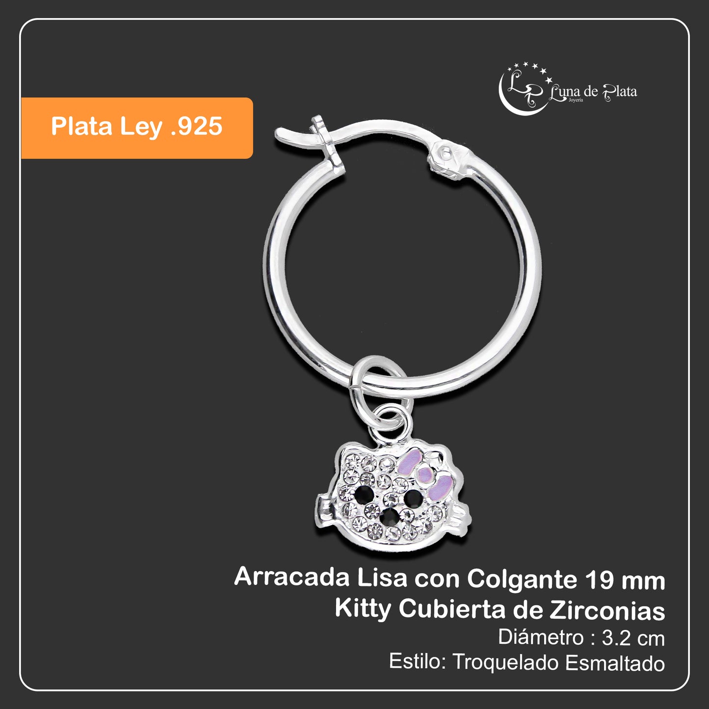 LPYAL002 Arracada Lisa con Colgante 19 mm Kitty Cubierta de Zirconias en Plata .925