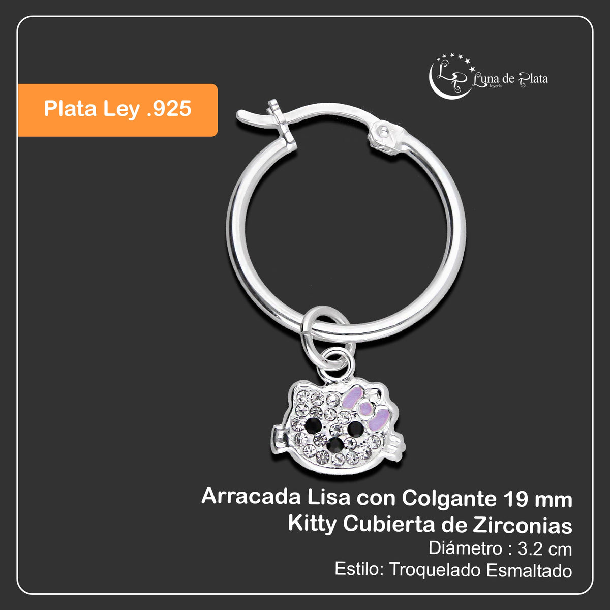 LPYAL002 Arracada Lisa con Colgante 19 mm Kitty Cubierta de Zirconias en Plata .925