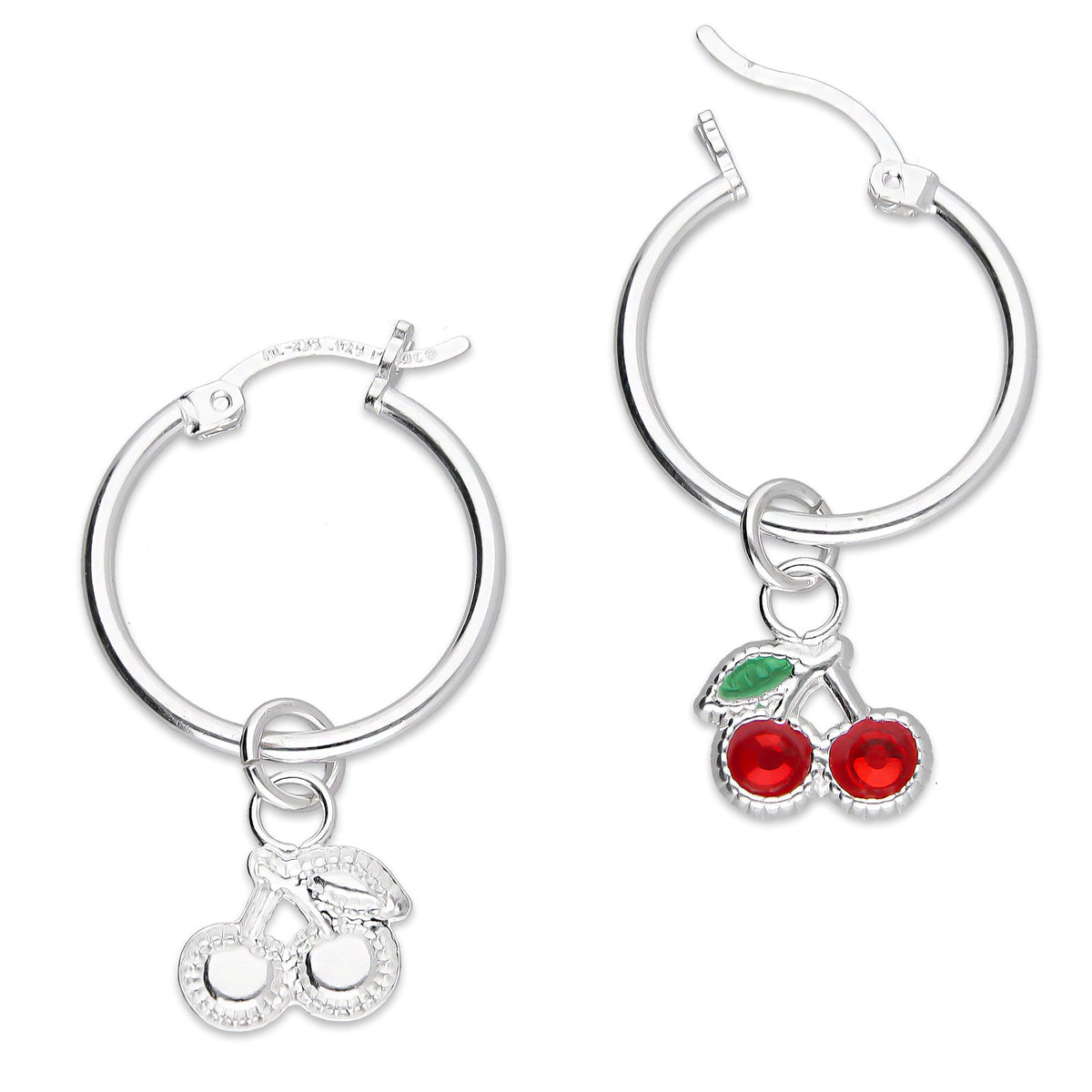 LPYAL005 Arracada Lisa con Colgante 19 mm Cereza Hojita Verde en Plata .925 5465110710