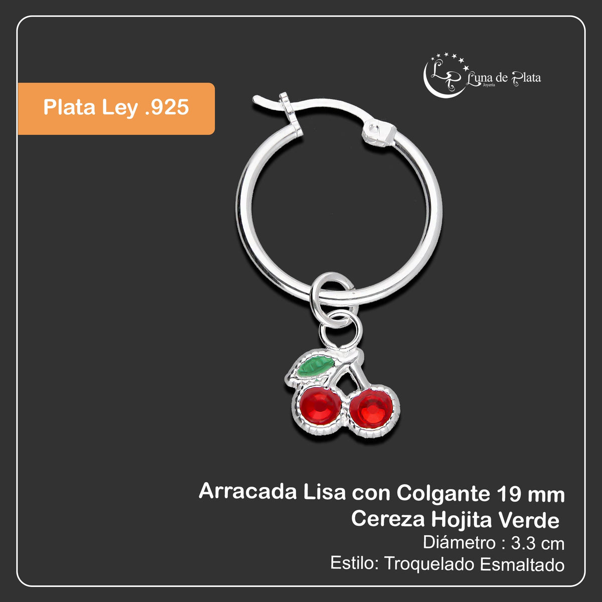 LPYAL005 Arracada Lisa con Colgante 19 mm Cereza Hojita Verde en Plata .925 5465110710