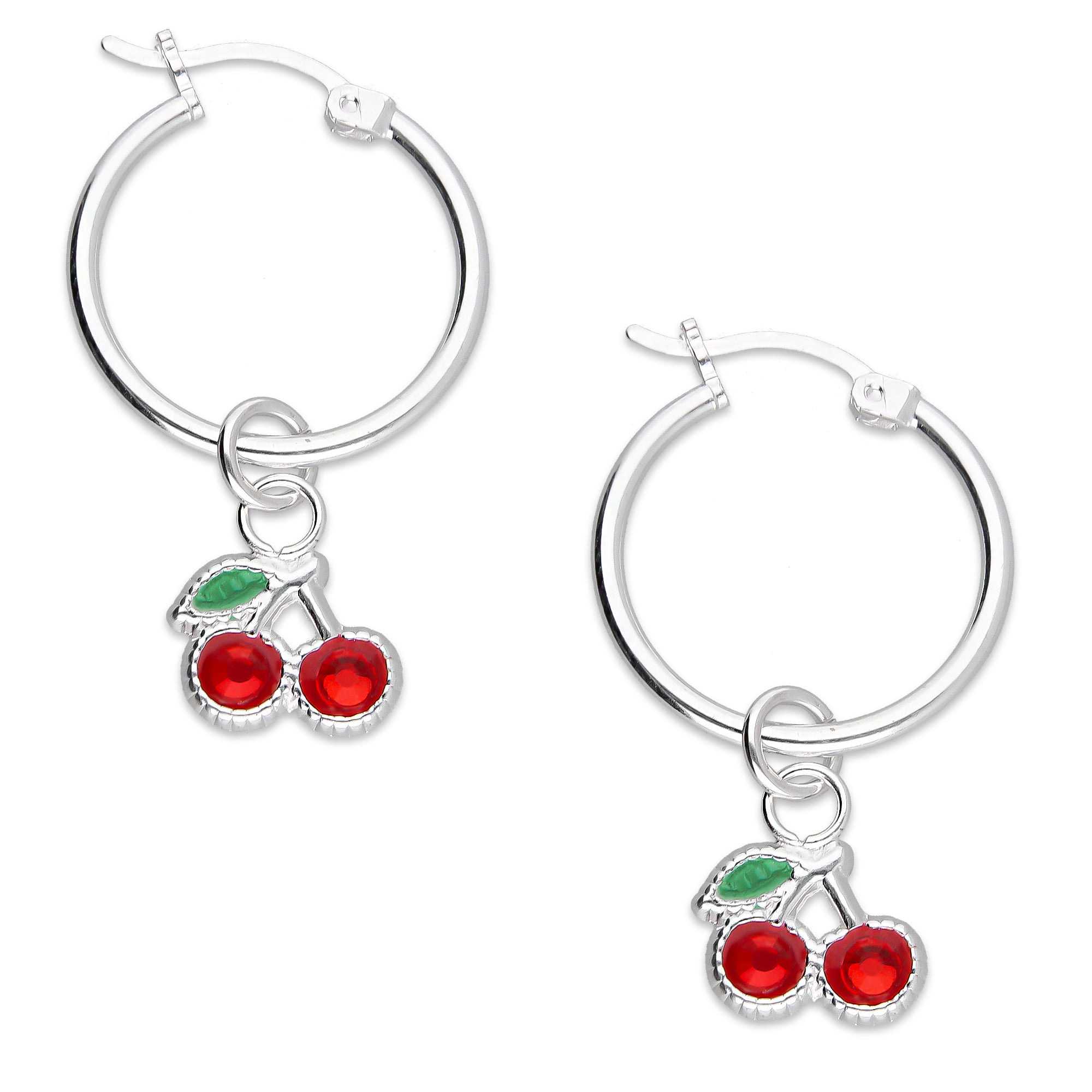 LPYAL005 Arracada Lisa con Colgante 19 mm Cereza Hojita Verde en Plata .925 5465110710