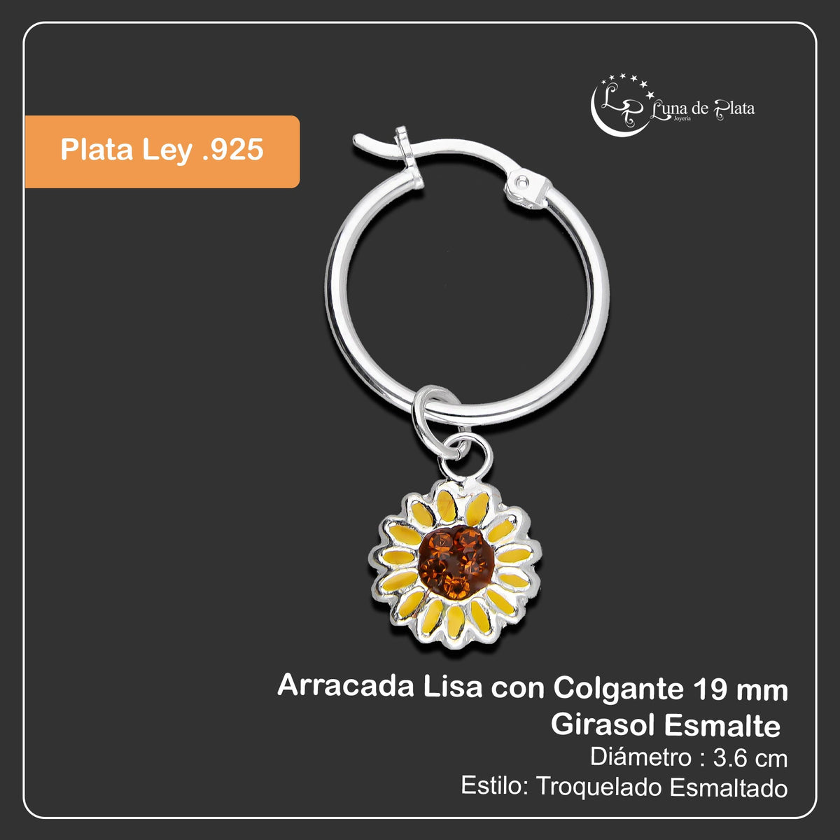 LPYAL006 Arracada Lisa con Colgante 19 mm Girasol Esmalte en Plata .925 5465110708